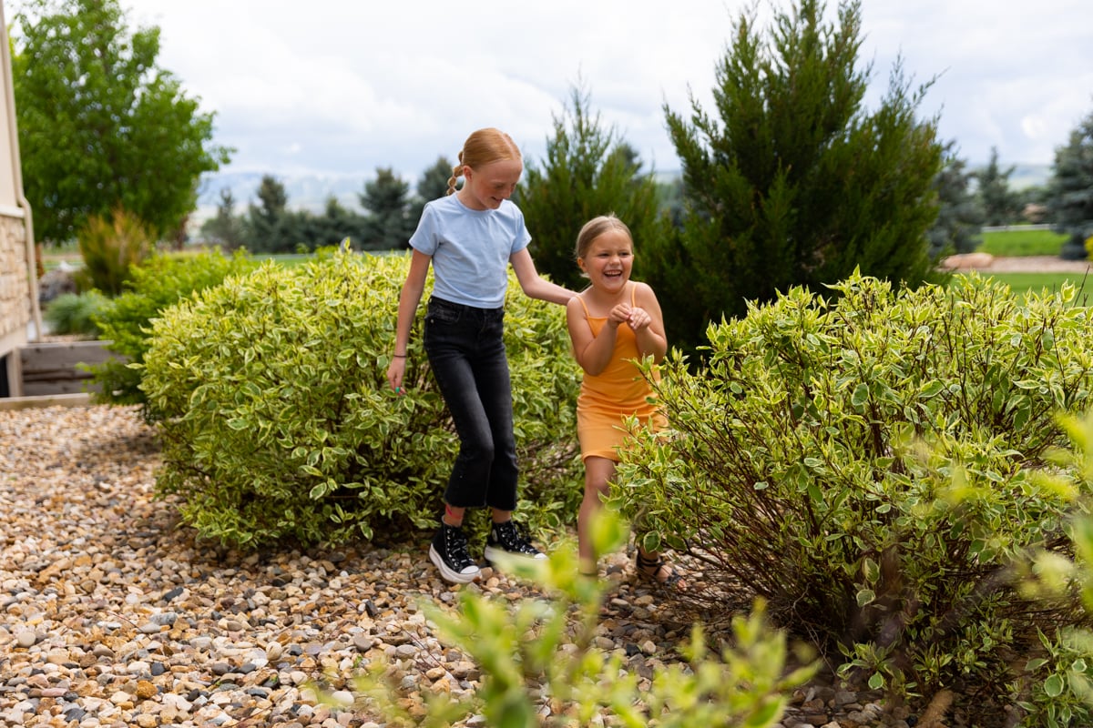 kids playing in landscape bed near plantings