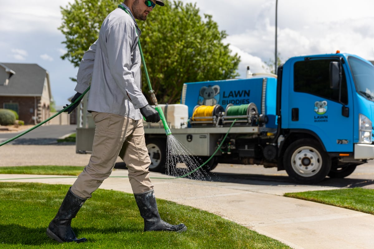 lawn care technician sprays liquid fertilizer