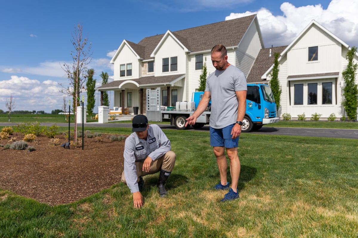 lawn care technician inspects grass with homeowner