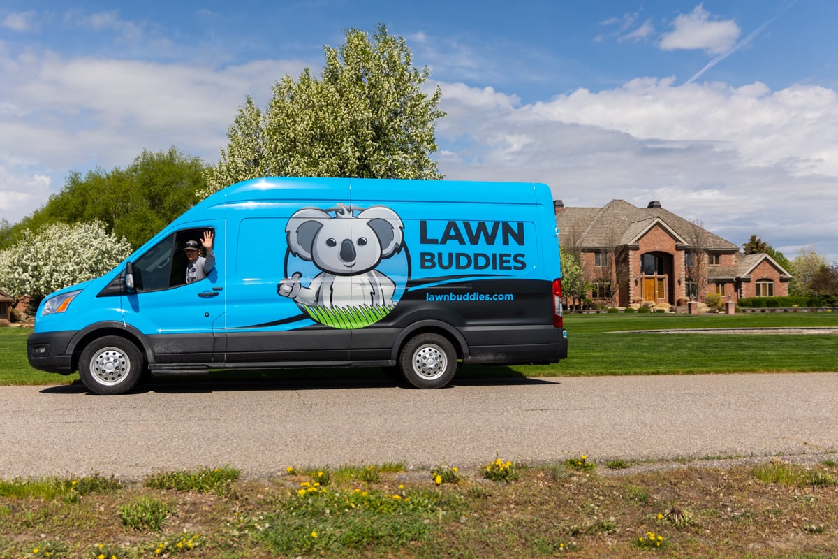 Fertilization Truck Van at Home Waving Account Manager Crew