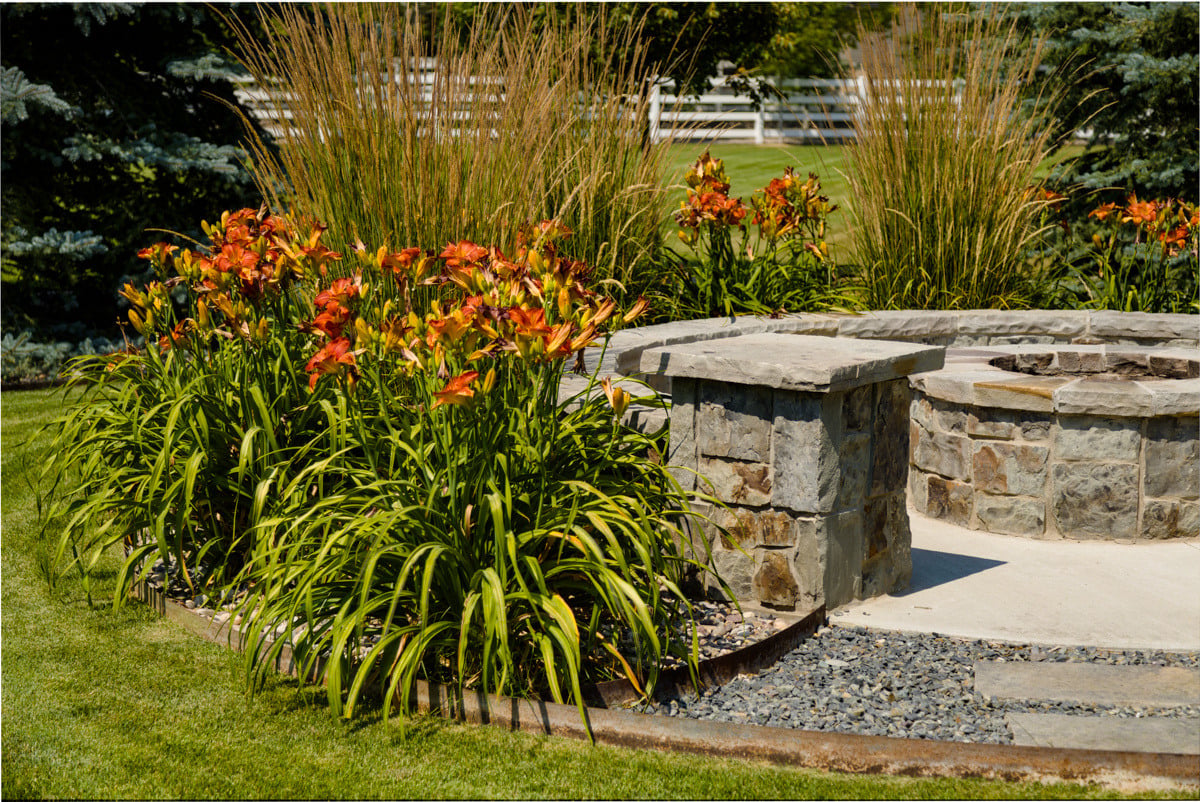 lines firepit plant planting bed color seating lawn evergreens grasses 2