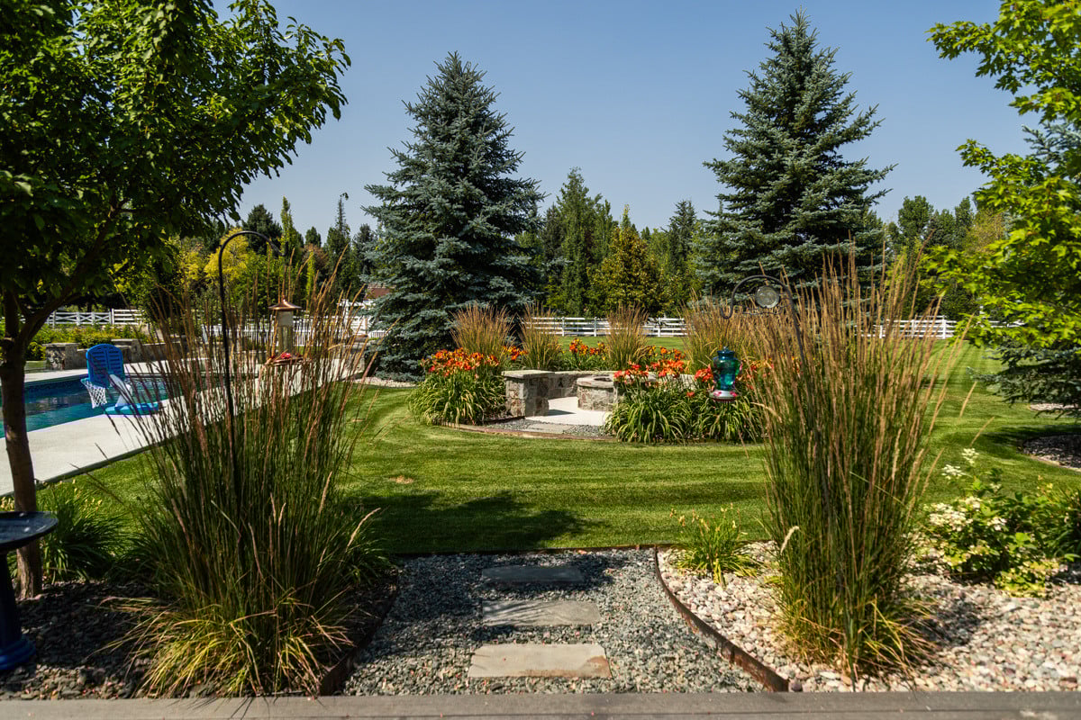 lines firepit plant planting bed color seating lawn evergreens grasses steppers gravel pool